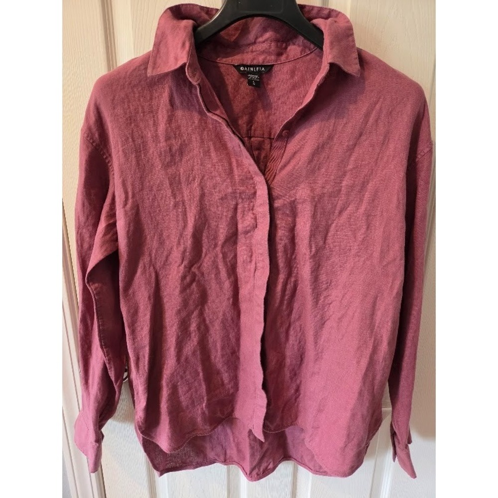 Athleta 100% Linen Large Dusty Rose Playa Shirt Long Sleeve Button-Up Top Travel